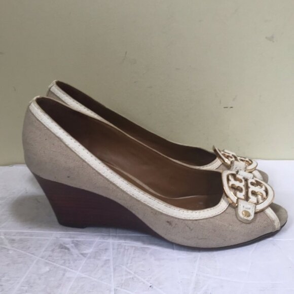 Tory Burch Amanda Open Toe Wedge Canvas Leather Neutral Burlap Heels Platform 10 - Picture 3 of 15